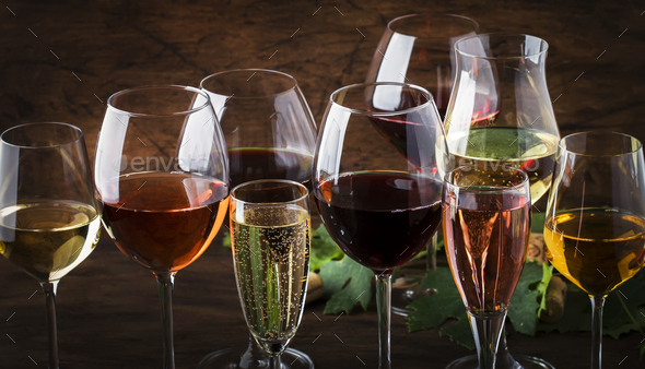 Red, white wine, rose and champagne - Stock Photo - Images