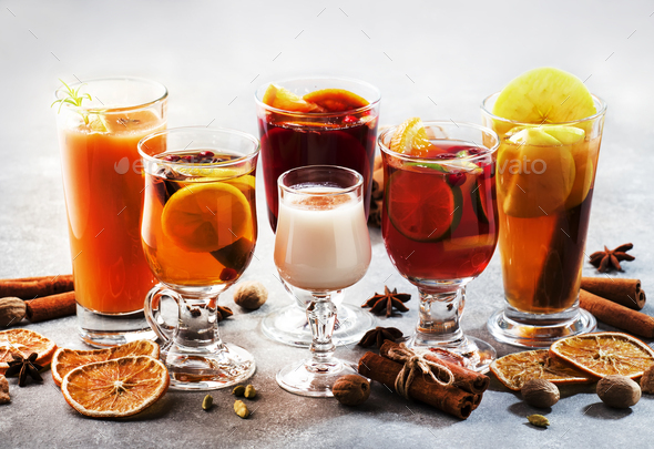 Selection of autumn or winter alcoholic hot cocktails - Stock Photo - Images