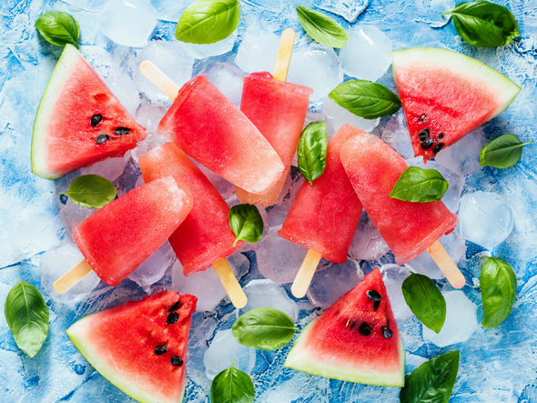 Top view of watermelon and basil popsicles - Stock Photo - Images