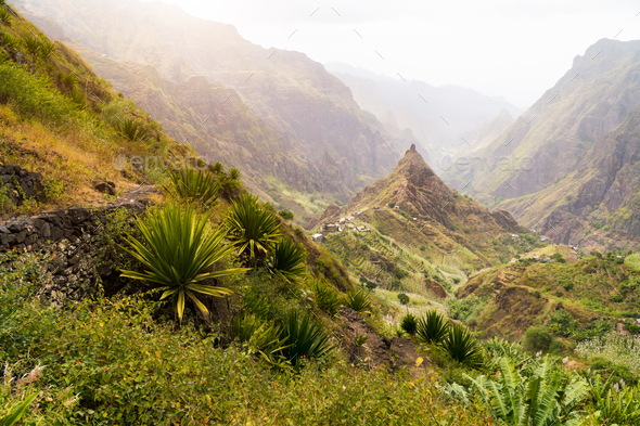 Santa Antao terrain at Cape Verde island. Mountain peaks of Xo-Xo valley with many local cultivated - Stock Photo - Images