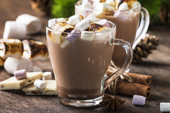 Hot cocoa or chocolate with marshmallow - Stock Photo - Images