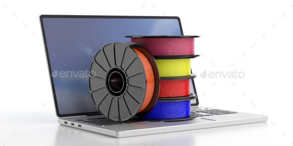 3D printing software. ABS filaments on a laptop, white background. 3d illustration - Stock Photo - Images
