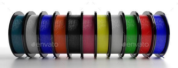 Filaments for 3D printing. ABS wire plastic for 3d printer, variety of colors. 3d illustration - Stock Photo - Images