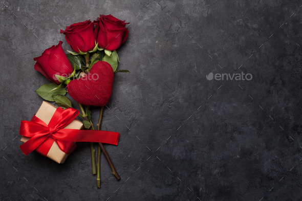 Valentines day card with gift box and rose flowers - Stock Photo - Images
