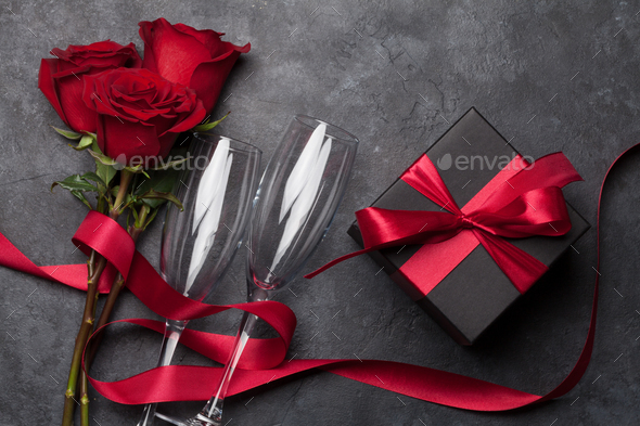 Valentines day gift box, wine and roses - Stock Photo - Images