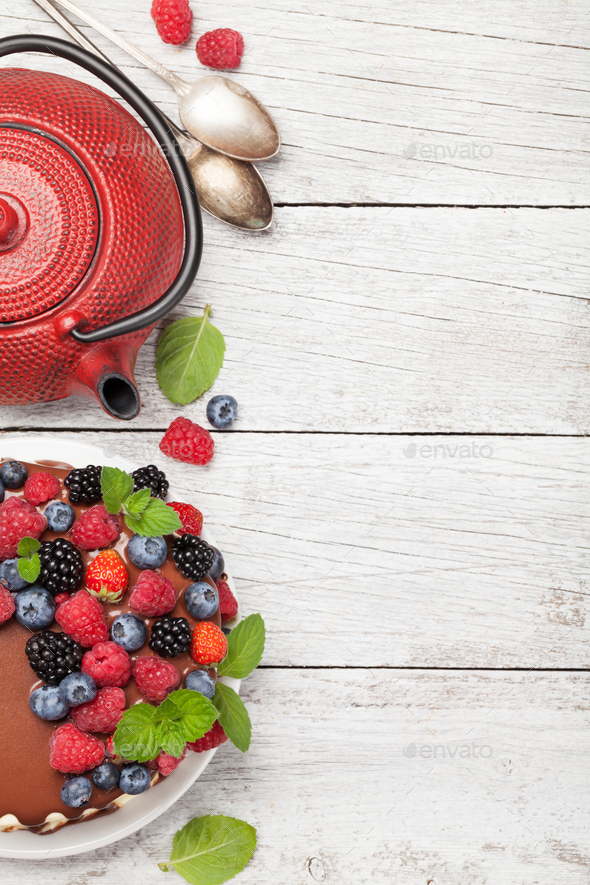 Cheesecake with berries and chocolate - Stock Photo - Images