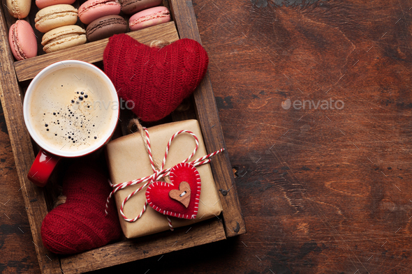 Valentines day card with coffee and cookies - Stock Photo - Images