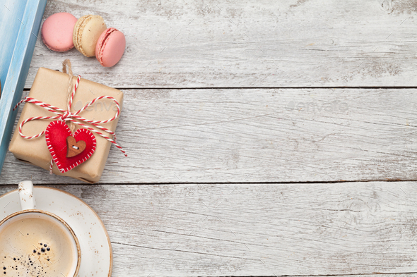 Valentines day card with gift box and coffee cup - Stock Photo - Images