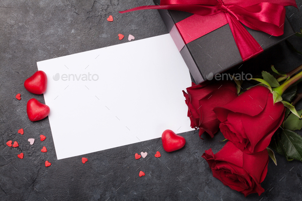 Valentines day card with gift box and rose flowers - Stock Photo - Images