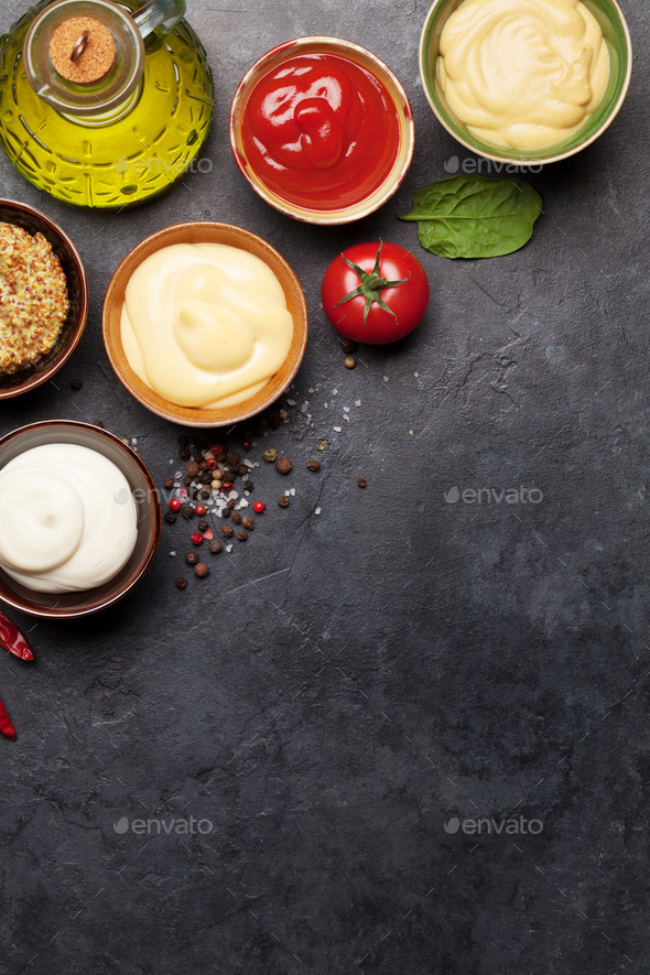 Set of various sauces. Popular sauces in bowls - Stock Photo - Images