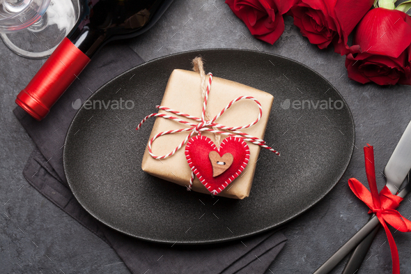 Valentines day with gift, wine and roses - Stock Photo - Images