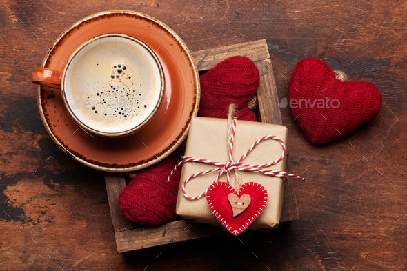 Valentines day card with coffee and gifts - Stock Photo - Images