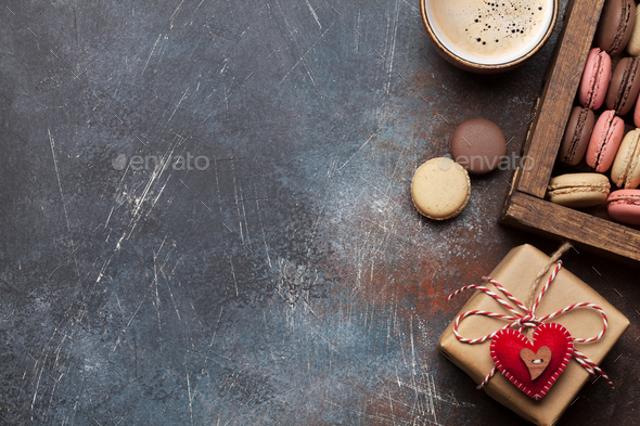 Valentines day card with gift box and coffee cup - Stock Photo - Images