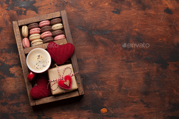 Valentines day card with gift box, cookies and coffee cup - Stock Photo - Images