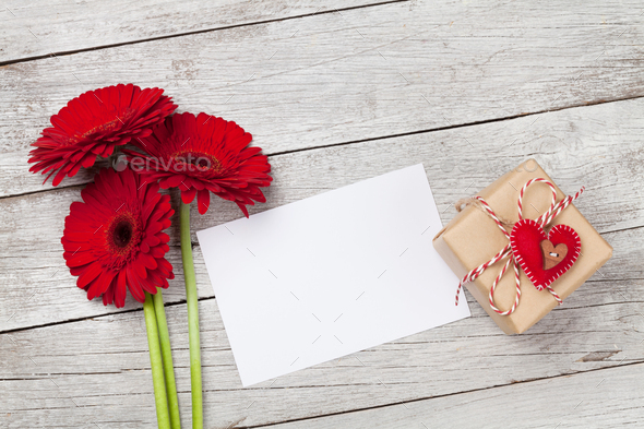 Valentines day gift box and gerbera bouquet - Stock Photo - Images