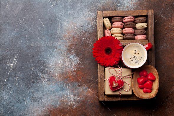 Valentines day card with coffee and cookies - Stock Photo - Images