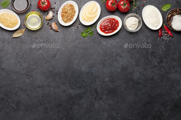 Set of various sauces. Popular sauces in bowls - Stock Photo - Images