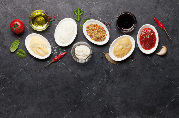 Set of various sauces. Popular sauces in bowls - Stock Photo - Images