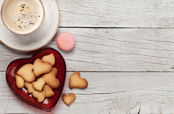 Valentines day card with coffee and cookies - Stock Photo - Images
