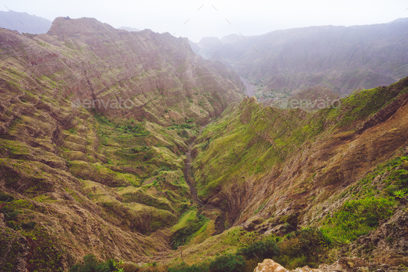 Breathtaking panoramic view from Delgadinho mountain ridge and valley with dry waterfall. Santo - Stock Photo - Images