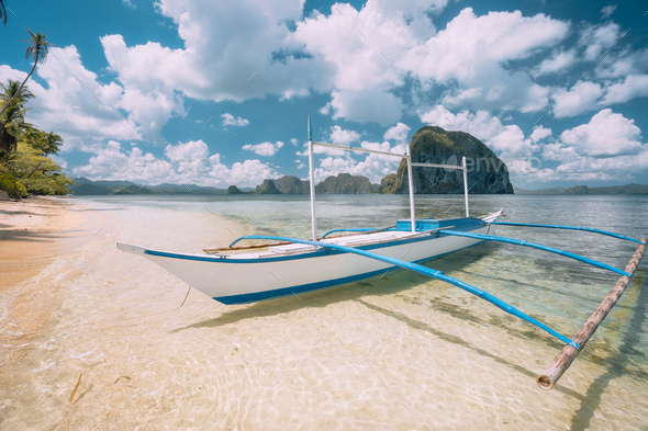 El Nido Palawan Philippines White Banca Boat On Sandy Beach