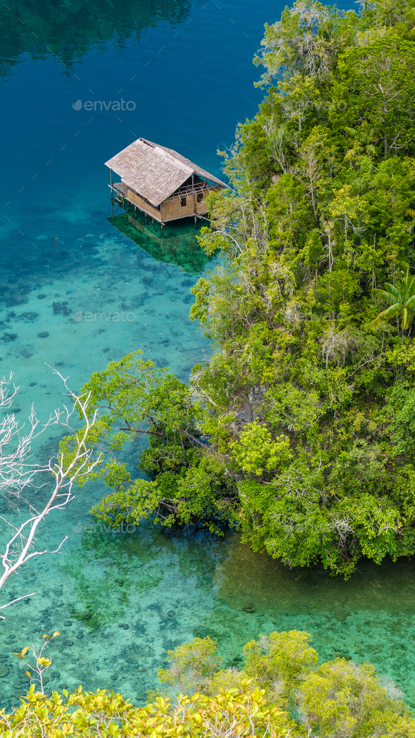 Bamboo Hut in Mangrove near Warikaf Homestay, Kabui Bay and Passage. Gam Island, West Papuan, Raja - Stock Photo - Images