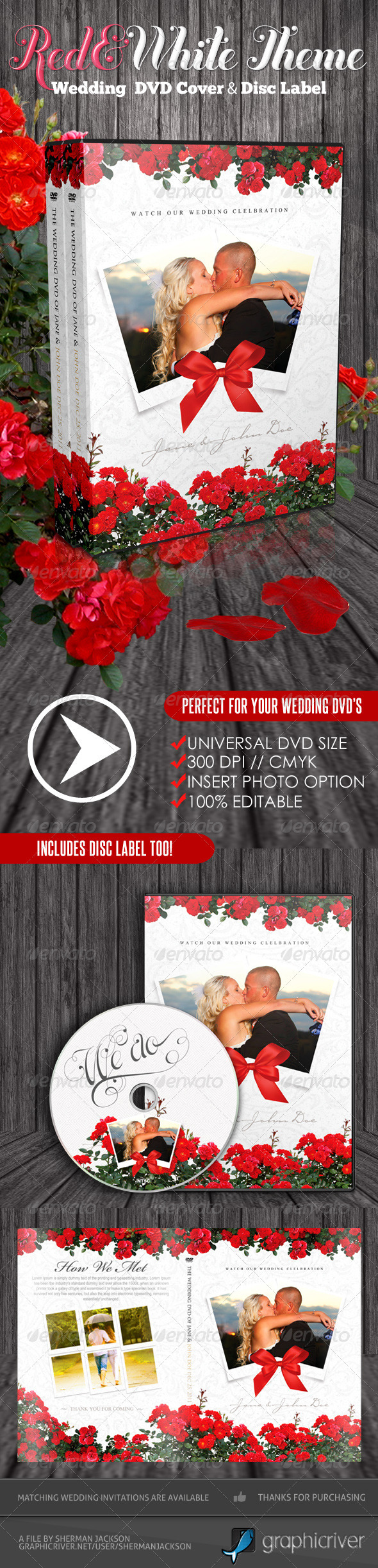 Red & White Theme Wedding DVD & Disc Label - CD & DVD Artwork Print Templates