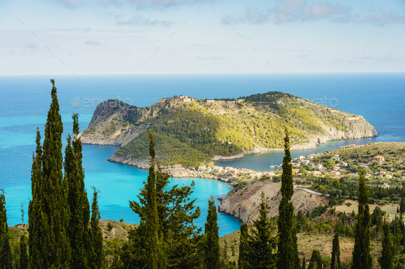 View to famous Assos village and venetian fortress, beautiful seashore scenery, Kefalonia island - Stock Photo - Images