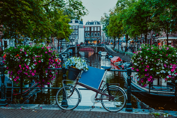 Vibrant flowers and bicycle bike on a bridge of Amsterdam at early evening. Twilight on the famous - Stock Photo - Images