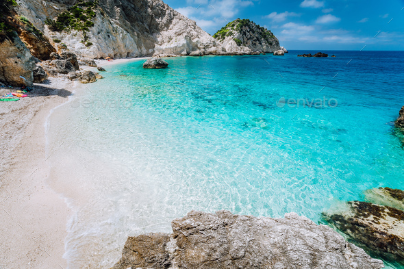 Agia Eleni beach in Kefalonia Island, Greece. Most beautiful rocky wild beaches with clear emerald - Stock Photo - Images
