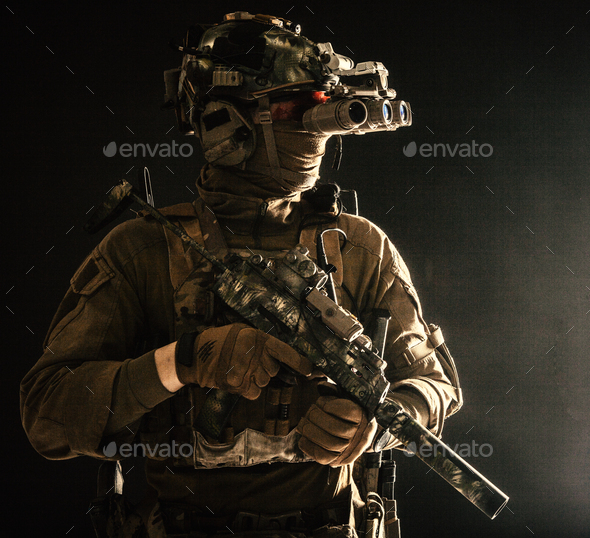 Army special forces tactical group fighter in dark - Stock Photo - Images