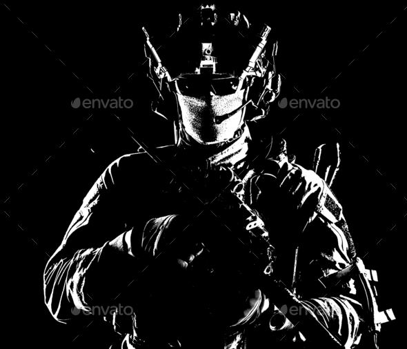 Modern army elite forces shooter in darkness - Stock Photo - Images