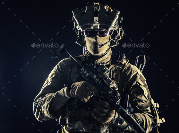 Military security service shooter soldier studio portrait - Stock Photo - Images