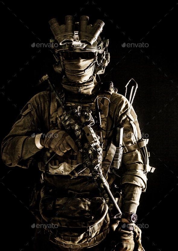 Anti-terrorist squad equipped fighter soldier in darkness - Stock Photo - Images