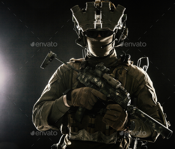 Military security service shooter soldier studio portrait - Stock Photo - Images
