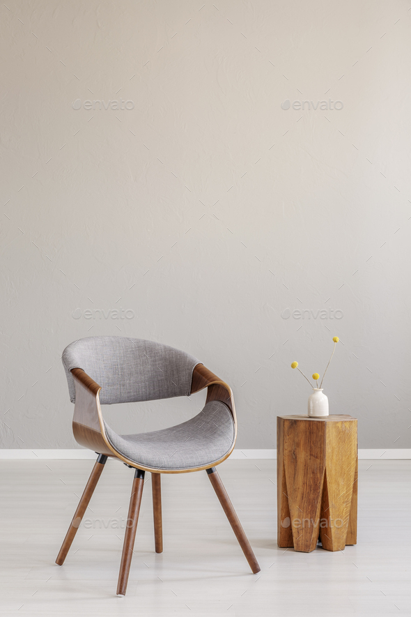 Stylish Grey Wooden Chair In Empty, Wooden Armchair For Living Room