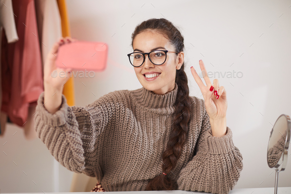 Young Woman Taking Selfie at Home - Stock Photo - Images