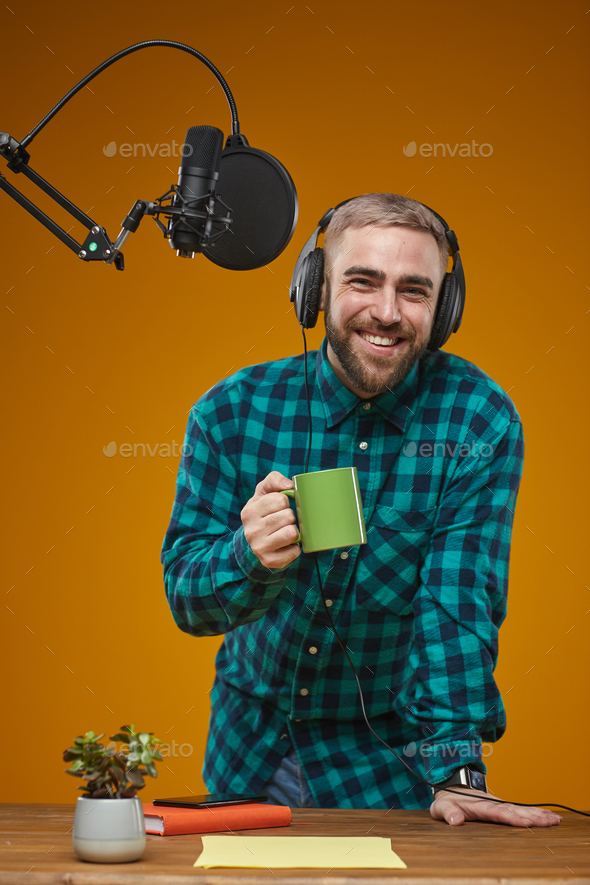 Cheerful Radio Presenter With Coffee - Stock Photo - Images