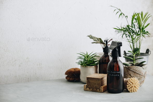Various items and ingredients for eco home cleaning and house plants - Stock Photo - Images