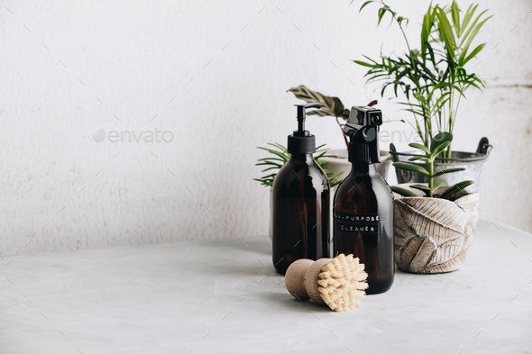 Various items and ingredients for eco home cleaning and house plants - Stock Photo - Images