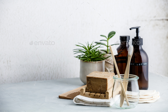 Zero waste, Recycle, Reuse, Sustainable lifestyle concept. Eco-friendly bathroom accessories - Stock Photo - Images