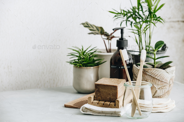 Zero waste, Recycle, Reuse, Sustainable lifestyle concept. Eco-friendly bathroom accessories - Stock Photo - Images