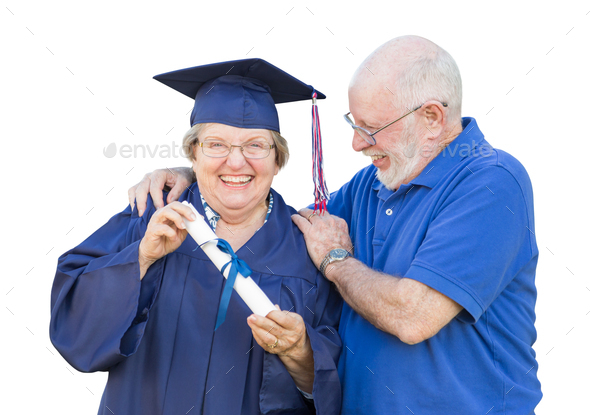 Senior Adult Woman Graduate in Cap and Gown Being Congratulated By Husband Isolated on White. - Stock Photo - Images