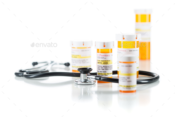 Group of Non-Proprietary Medicine Prescription Bottle with Stethoscope Isolated on White - Stock Photo - Images