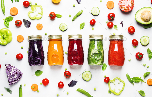 Colorful vegan vegetable juices and smoothies - Stock Photo - Images
