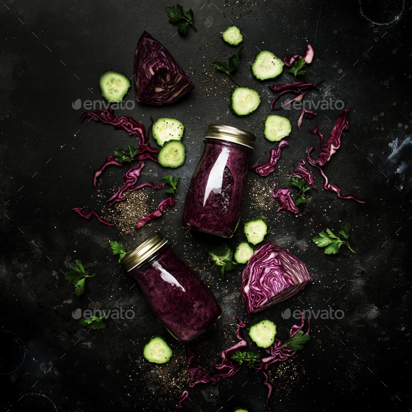 Healthy detox smoothies or juice from red cabbage - Stock Photo - Images