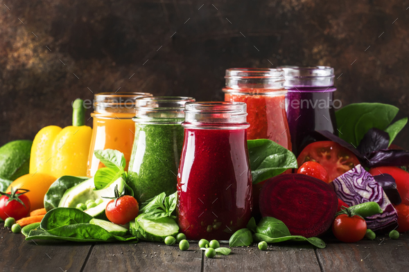 Colorful vegetable juices and smoothies - Stock Photo - Images