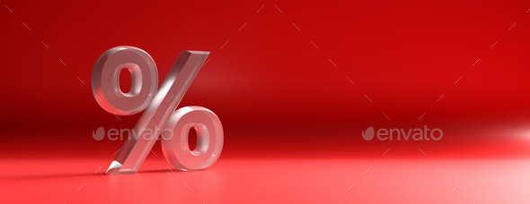 Percent sign glass texture against red color curved background. 3d illustration - Stock Photo - Images