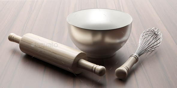 Wire whisk, dough roller and mixing bowl isolated against wooden background, 3d illustration - Stock Photo - Images