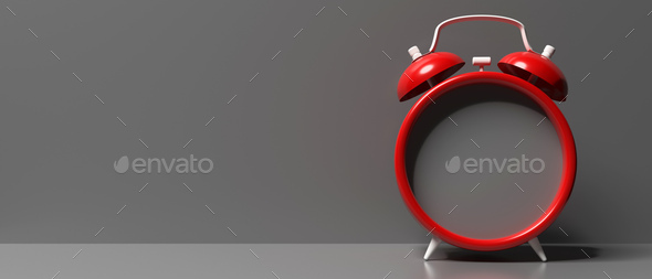 Red retro alarm clock empty, blank against gray background, 3d illustration